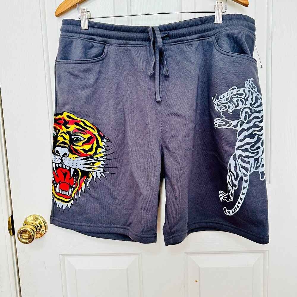 ED HARDY RETRO VIBE TIGER PRINT FLEECE SHORTS CHARCOAL GRAY